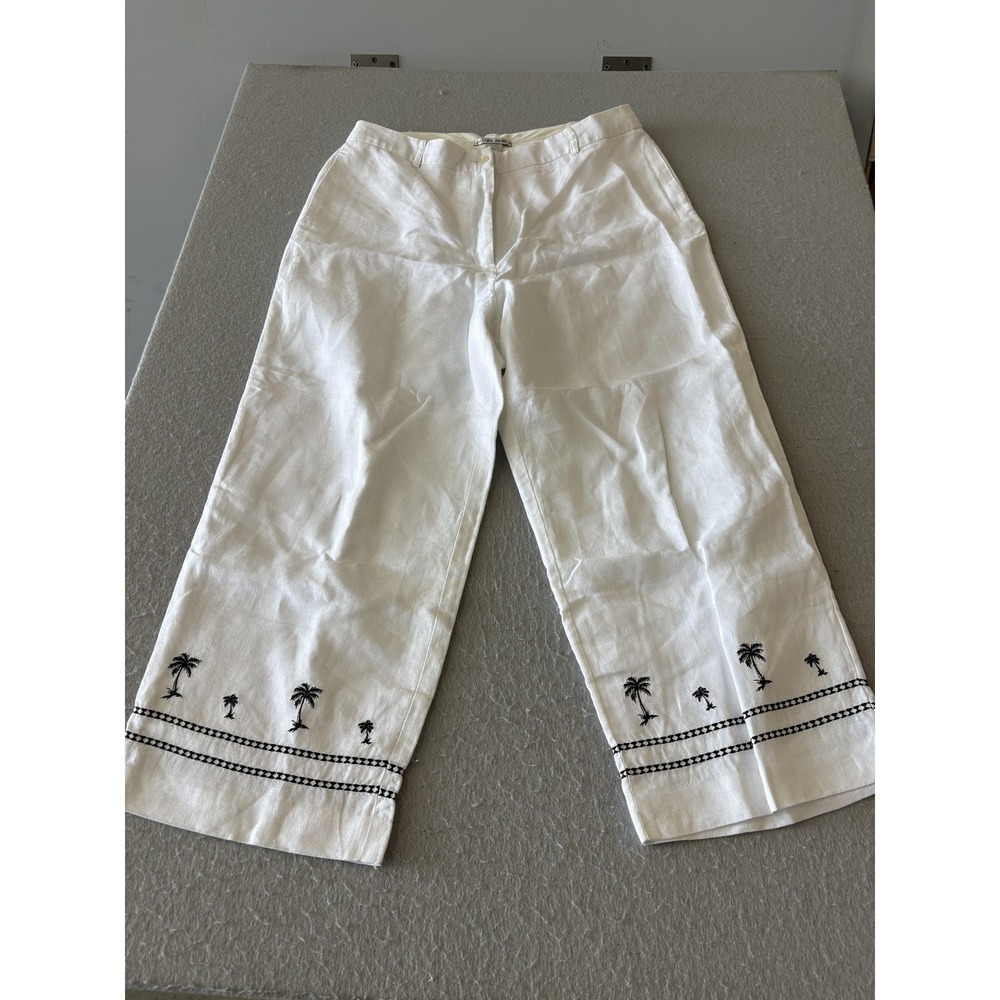 Jillian Jones Pants Womens 14 White Linen Palm Embroidered Capri Crop Beach